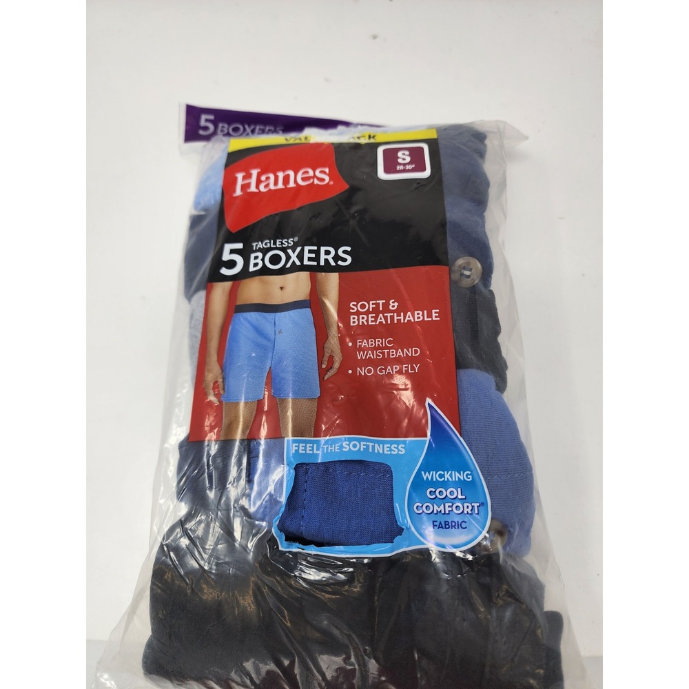 Hanes Mens Tagless 5 Pack Boxers Blue Cotton Blend Casual Size Small